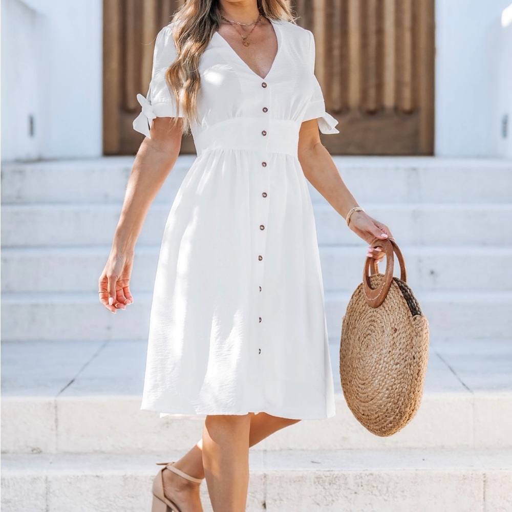 Cupshe White Button-Front Midi Dress with Tie Sleeves
